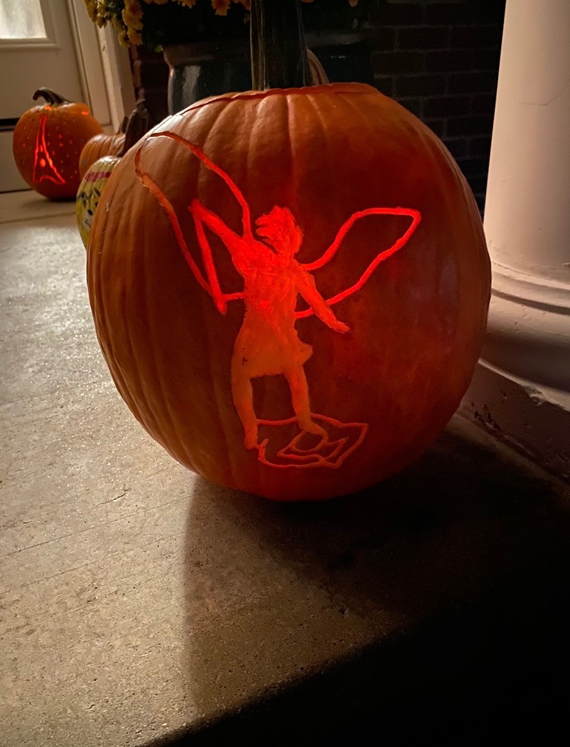 A real pumpkin carved with Saint Michael